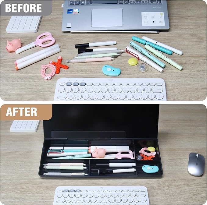 SELEAD Desktop Glass Whiteboard with Organizer, Markers, Eraser - Dry Erase Board Computer Pad Keyboard Stand with Drawer and Holder for Home, School, Office - Black