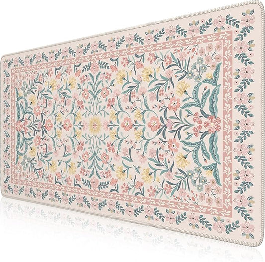 iCasso Pink Floral Desk Mat, Desk Pad, XXL Large Mouse Pad, Anti-Slip Big Mousepad with Stitched Edges, Computer Mouse Pads for Desktop for Women(Pink)