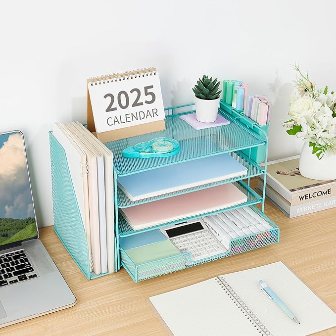 OPNICE Desk Organizer and Accessories, 4-Tier Desktop File Organizer with Drawer and 2 Pen Holders, Office Desk Accessories, File Sorters, Workspace Organizers for Office Supplies(Teal Blue)