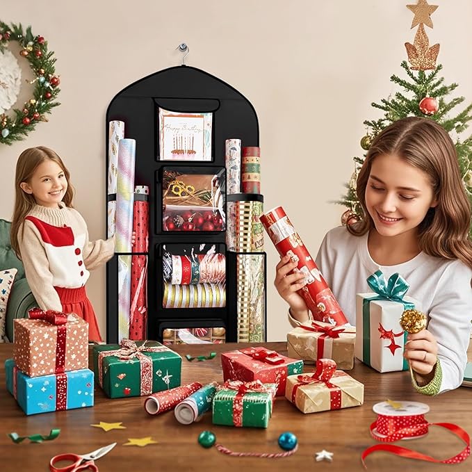 Hanging Gift Wrapping Paper Storage, 48x24 (Extra Large) Black Double-Sided Christmas Wrapper Bag Container, Oxford Long Craft Roll Organizer, Present Wrap Holder for Closet, Door