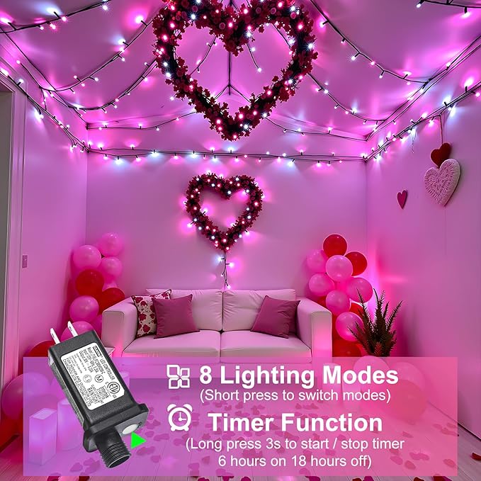 100FT 300 LED Christmas Lights, Christmas Tree Lights with 8 Modes Waterproof, Green Wire Outdoor String Lights, Plug in Xmas Decorations for Indoor House Yard Holiday, Pink White
