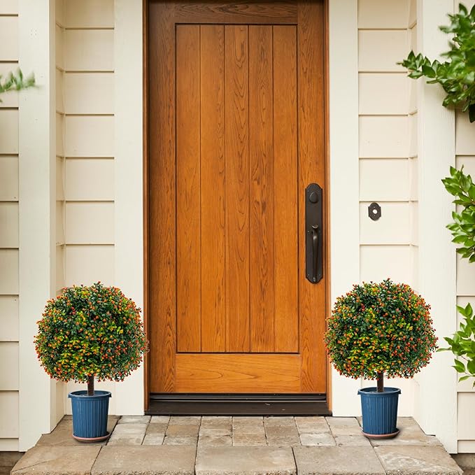 Goplus 22'' Artificial Boxwood Topiary Ball Tree, Set of 2 UV Resistant Faux Potted Plants Artificial Shrubs Bushes with Orange Fruits, Fake Evergreen Artificial Topiary for Home Front Porch Decor