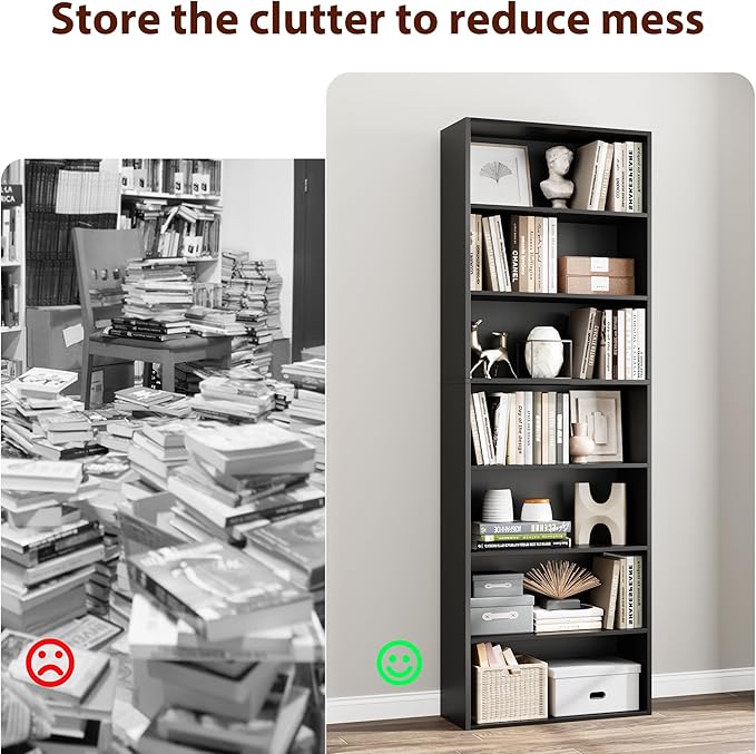 FACBOTALL 82" Tall Bookshelf, 7-Tier Open Shelves Bookcase, Freestanding Display Storage Shelves, Tall Bookcase Home Decor Furniture for Home Office, Living Room, Bedroom, Black