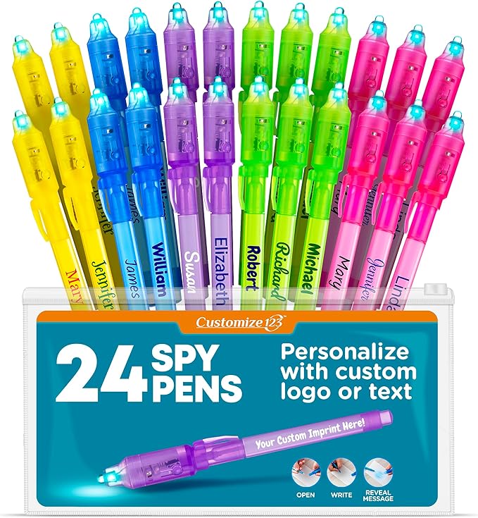 Personalized Invisible Disappearing Ink Pen Marker Pack, Custom Secret Spy Message Writer with UV Light, Fun for Kids Party Favors Gifts and Stock Stuffers, 24 Pack, Assorted