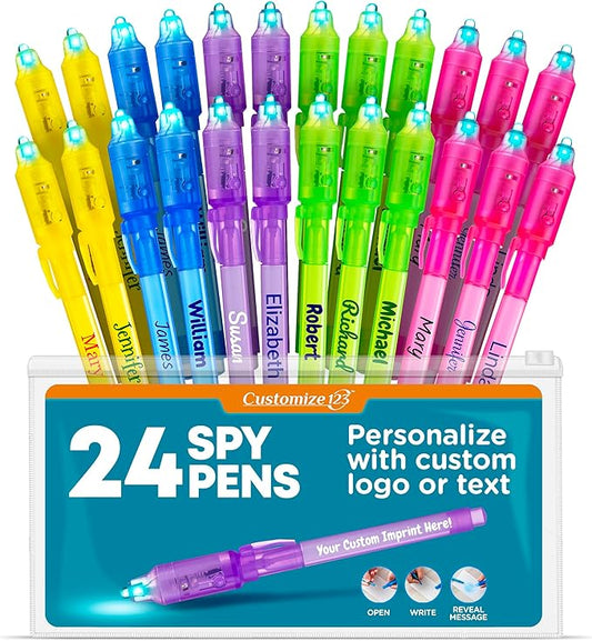 Personalized Invisible Disappearing Ink Pen Marker Pack, Custom Secret Spy Message Writer with UV Light, Fun for Kids Party Favors Gifts and Stock Stuffers, 24 Pack, Assorted