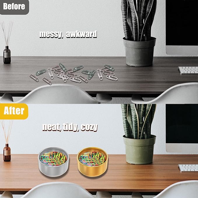 Paper Clip Holder & Organizer - 2-Pack Metal Desk Bowls for Office Accessories, Holds Binder Clips, Paper Clips & Small Parts | Space-Saving Desktop Organizer (Gold + Silver)