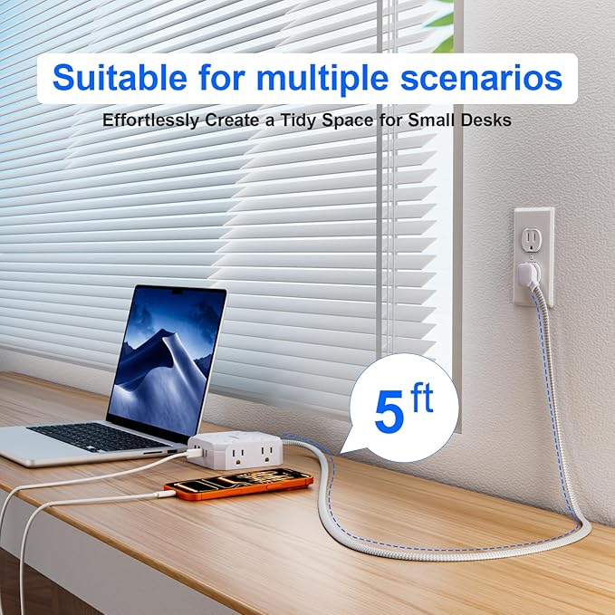 Surge Protector Power Strip, 8 Outlets with 4 USB Ports(2 USB C), 4-Sided 1050J Outlet Extender with 5FT Flat Extension Cord for Travel, Home, School, College Dorm Room Essentials