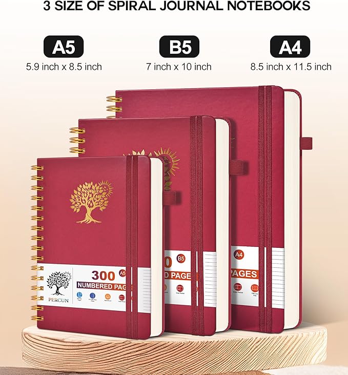 Large Spiral Notebook Journal for Women Men - 300 Numbered Lined Pages, College Ruled,B5 Hardcover Spiral Bound Notebook for School, Work, Note Taking, Writing, Leather Spiral Journal 7"x10"