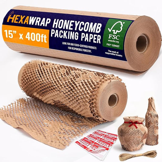 Honeycomb Packing Paper 15" x 400ft with Rope & 20 Fragile Stickers|Shipping & Moving Supplies|Small Business Packaging Supplies|Eco Friendly Bubble Wrap Packing Boxes for Moving Certified FSC C204227