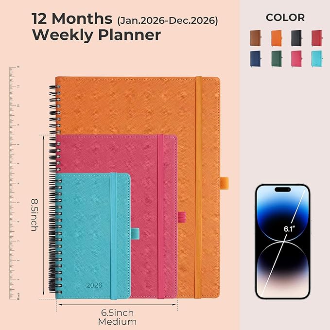 Planner 2026 Daily Weekly and Monthly,8.5"x6.5",12 Months Spiral Bound Calendar Agenda with Self-adhesive Pen Holder,2026 Appointment Book with Vegan Leather Soft Cover,Orange