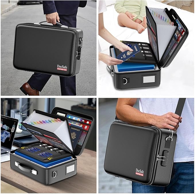 DocSafe Fireproof Document Box with Lock＆Shoulder Strap, Hard-Shell Case File Organizer with Accordion File Folder, Multi-Layer Portable Home Office Travel Safe Storage for Important Documents Laptop