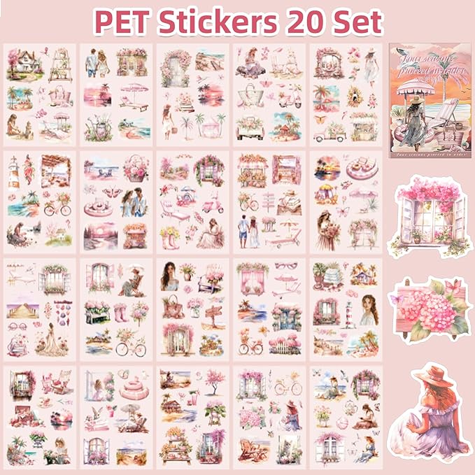 Summer Theme Sticker Scrapbooking Supplies for Junk Journal, 20 Sheets PET Stickers - Vintage Journaling Stickers, Ephemera Sticker Book Pre Cut(TZ-006-001)