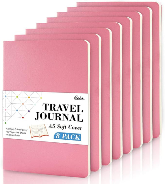 8 Pack Soft Cover Journal Bulk, Feela Notebooks College Ruled for Work, Lined Travel Journal for Women Men, Note Taking Notebook School Supplies Business Writing, 8.2” x 5.5”, A5, Pink