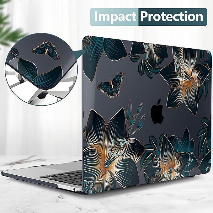 TWOLSKOO Compatible with MacBook Pro 13 inch Case 2023-2016 A2338 M2/M1 A2251 A2289 A2159 A1989 A1706, Plastic Hard Shell Cover & Keyboard Skin & Screen Protector - Golden Lilies