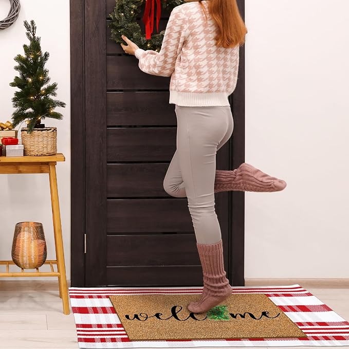 2 Pcs Christmas Door mat Outdoor Coir Outdoor Rugs Christmas Tree Welcome doormats Layered Red White Xmas Tree doormats for Front Porch Entryway Entrance Yard Decor