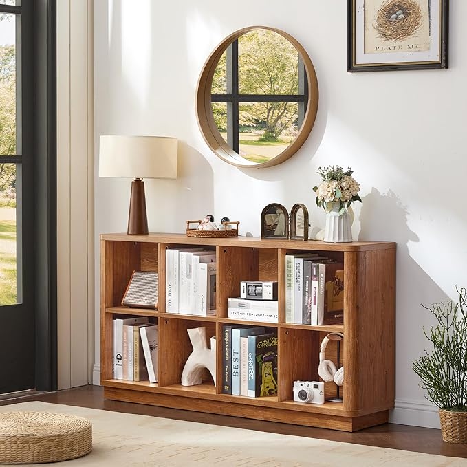 8 Cube Storage Book Shelf, 52" Long Horizontal Bookshelf with Curved Edge, Floor Standing Wooden Cubby Bookcase with Base, Modern Low Console Book Case, TV Stand for Living Room, Brown