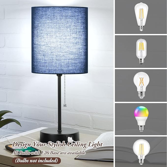 Table Lamps Set of 2 with USB Charging Ports, Blue Bedside Lamps with AC Outlet, Nightstand Lamps with Pull Chain Switch, Minimalist Modern Desk Lamps with Fabric Shade for Living Room Bedroom Office