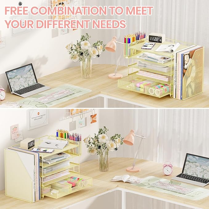 Desk Organizers and Accessories, 5-Tier Paper File Organizer with Drawer & Pen Holder, Office Desk Accessories Workspace Desktop Organizer for Office Supplies(Gold)