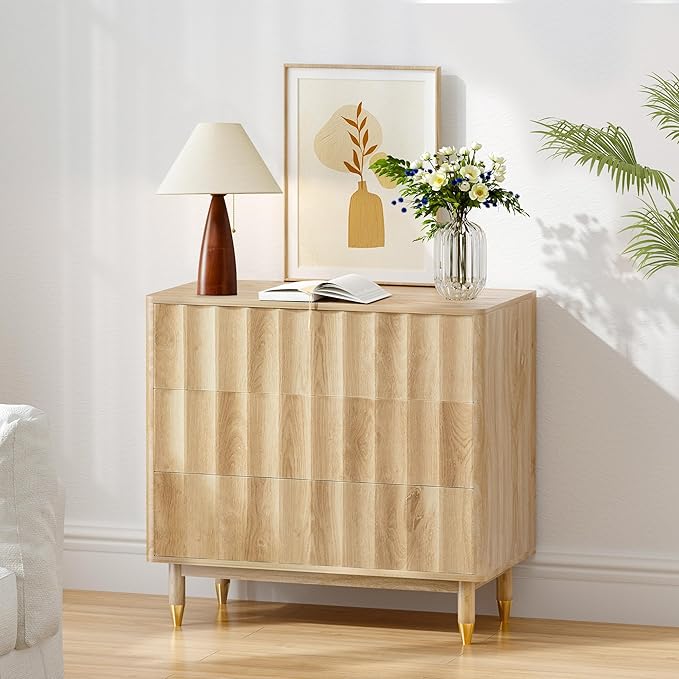 Fluted 3 Drawer Dresser, 31.5" Wide Modern Storage Chest of Drawers, Wood Drawer Organizer for Bedroom, Living Room, Hallway