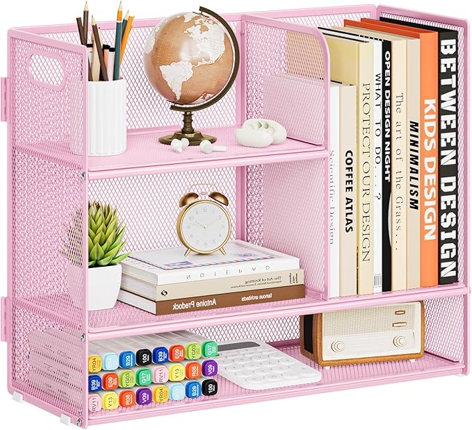 Marbrasse 3-Tier Desk Shelf Organizer with Handle, Desktop Bookshelf File Holder, Mesh Display Shelf Organizer Storage Rack for Office, Home, Supplies, Kitchen (Pink)