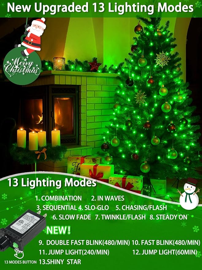 2-Pack 66FT 200 LED Christmas Lights, 13 Modes Extendable Christmas Tree Lights with Timer & Memory, Waterproof Twinkle Fairy Lights Green Wire Outdoor String Lights Indoor for Xmas Tree (Green)