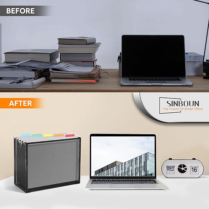 Sinboun Hanging File Organizer Letter-Size File Holder Filing Box Includes 5 Hanging Folders - Metal Mesh Magazine Letter Storage Cabinets File Cart for Office Home School, No Assembly Required