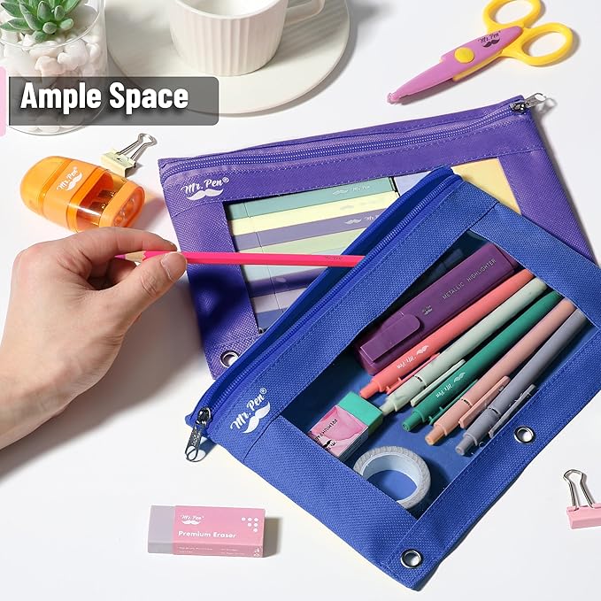 Mr. Pen- Pencil Pouch for 3 Ring Binder, 2 Pack, Blue and Purple, 3 Ring Binder Pencil Pouch