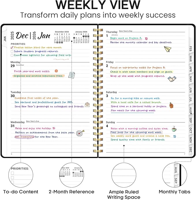 2026 Planner, Weekly and Monthly Calendar Planner Book, January 2026 - December 2026, Hardcover Spiral Planner with Monthly Tabs, Notes Pages, Perfect for Women & Men, A5 (6.4" x 8.5") - Black