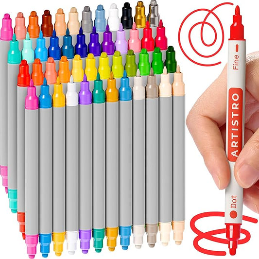 ARTISTRO Vibrant Acrylic Paint Markers for Rock, Fabric, Glass, Wood, Paper, Ceramic, Canvas & More - 48 Dual-Tip Paint Pens (Dot & Fine) - Quick Dry, Teacher Classrooms Must Have, Drawing Markers
