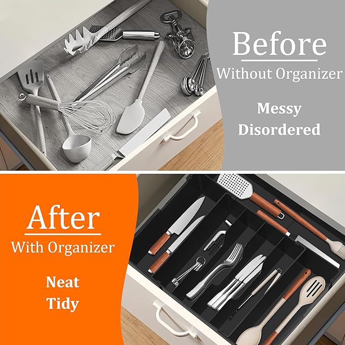 Expandable Large Silverware Organizer - BPA-Free Food-Safe Utensil Drawer Organizer Adjustable Kitchen Drawer Organizer Flatware Cutlery Tray, Classified Storage for Spoons Forks Knives