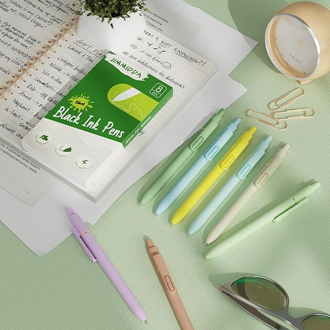 8Pcs Gel Pens with Black Ink, Fine Point Smooth Writing Pens, Quick-dry Gel Retractable Pens for Journaling Note Taking, Cute Office School Supplies for Adults Kids (0.7mm, Light)