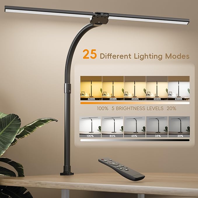 LED Double Head Desk Lamp,24W Brightest Architect Double Swing-arm Table Lamps,5 Adjustable Brightness Color Temperature ，for Workbench/Monitor/Home/Reading/Offices/Bedrooms/Dormitories