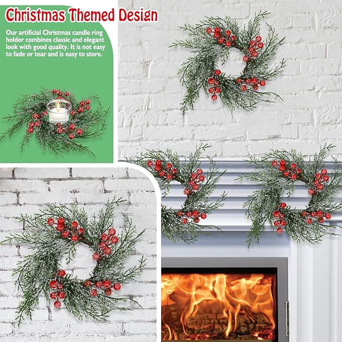 10 Pcs Christmas Candle Rings Wreath Artificial Candle Rings with Red Berry, Snowy Pine Garland Candle Ring Holder for Christmas Decorations Table Centerpiece