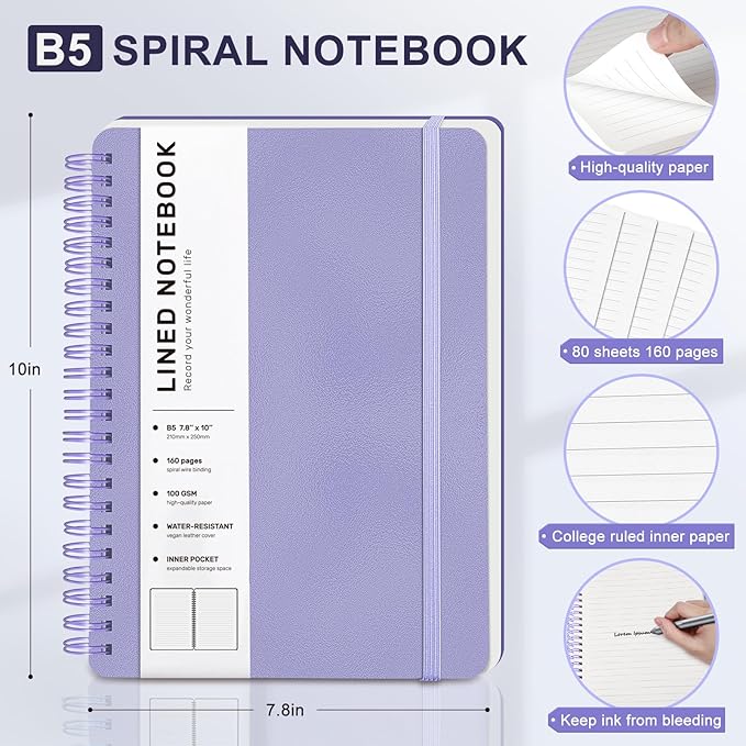 Lined Spiral Journal Notebook, B5 Hardcover Leather Notebook for Work, 7.8''×10'', 100GSM Thick Paper Spiral Bound Journaling Notebooks for Women & Men Office School Note Taking Business, Purple