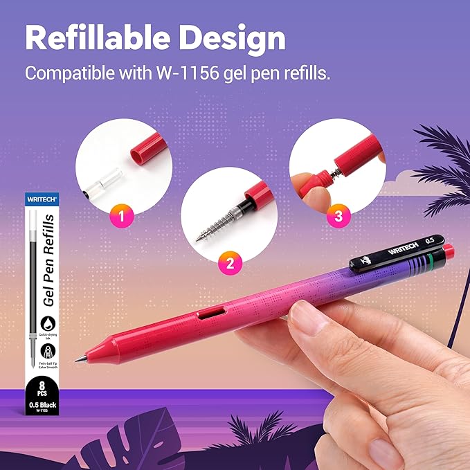 WRITECH Black Ink Gel Pens: 8-Pack Retrowave 0.5mm Fine Point Pens - Smooth Writing Silent Clicker and Refillable Perfect for School Office & Everyday Use.