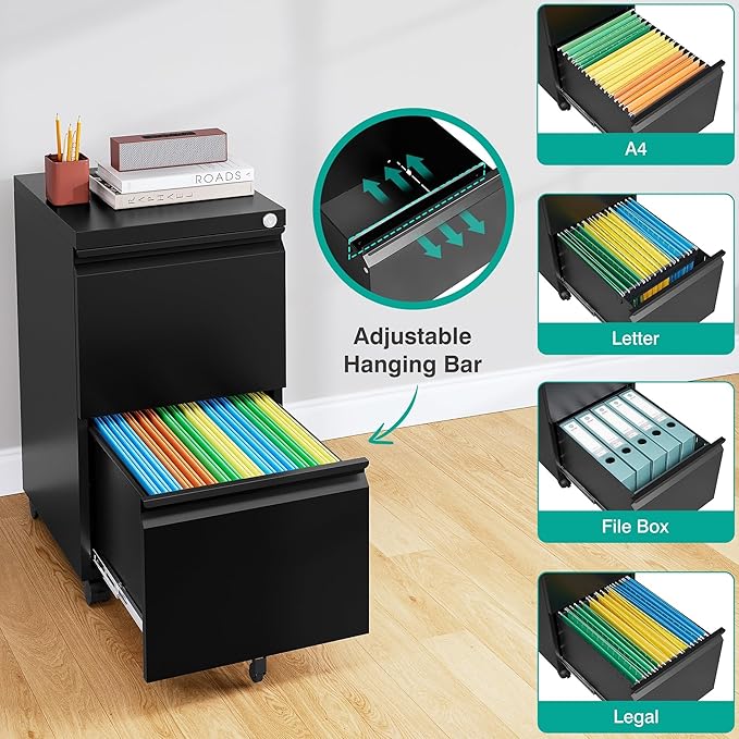 SISESOL Assembled 2 Drawer File Cabinet on Wheels,Metal Filing Cabinet with Lock,Black Rolling File Cabinets,Under Desk Office Cabinets for Home Office,Fit A4/Letter/Legal,Pre-Assembled Except Caster
