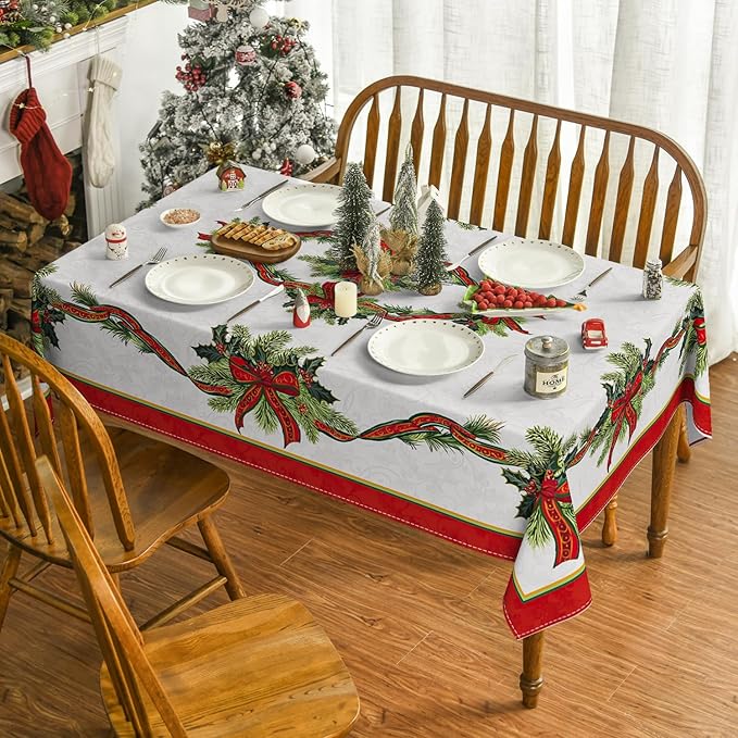 Horaldaily Christmas Tablecloth 60×120 Inch, Poinsettia Golden Ribbon Washable Table Cover for Party Picnic Dinner Decor