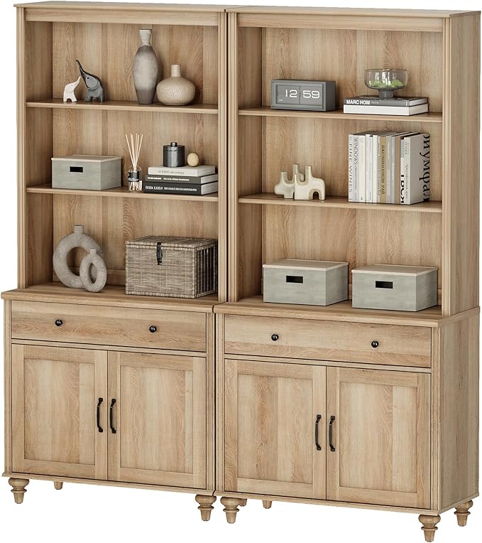 WAMPAT 5 Tier Bookshelf 72" Tall Bookcase with Barn Doors, Large Farmhouse Display Book Shelf with 2 Drawers and Storage Cabinet, Library Wood Bookshelves for Living Room,Kitchen, Oak(2PCS)