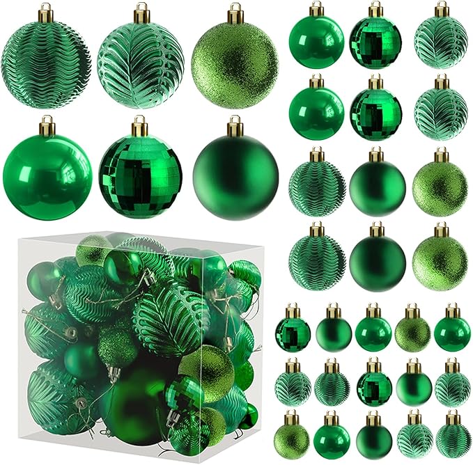 Prextex 36-Pieces Green Christmas Ornaments Set - Shatterproof, Festive Christmas Tree Balls Decorations in 3 Sizes and 6 Styles with Hanging Loops for Tree, Wreath, and Dazzling Holiday Party Decor