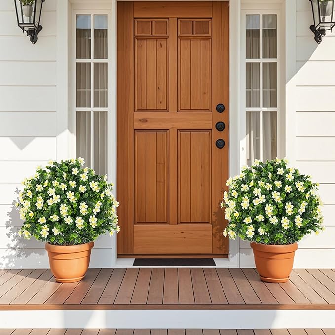 Goplus 21.5'' Artificial Boxwood Topiary Ball Tree, Set of 2 Faux Potted Plants Artificial Shrubs Bushes with White Flowers, Fake Evergreen Artificial Topiary for Indoor Outdoor Home Front Porch Decor