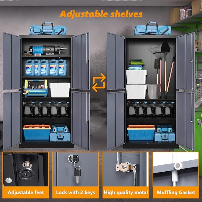 STANI Metal Storage Cabinet, Locking Steel Cabinet with 4 Doors and 2 Adjustable Shelves, 71'' Lockable File Tall for Home Office,Garage,School, Black&grey, (TSJ-BG)