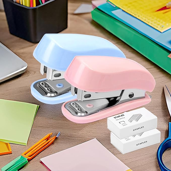 Mini Stapler - Cute Desk Stapler with 1280pcs Standard Staples and Staple Remover for Office & School Supplies (Blue & Pink)