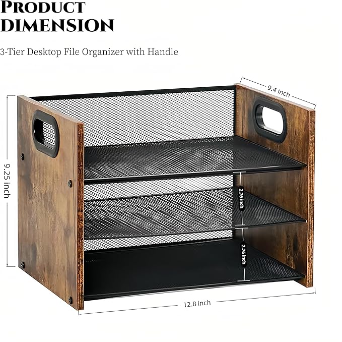 Wood Desk Organizer - 3-Tier Desktop File Organizer, Wooden Paper Tray, Office Desk Organzier and Accessories for Papers, Mail, Notebooks, Stationery