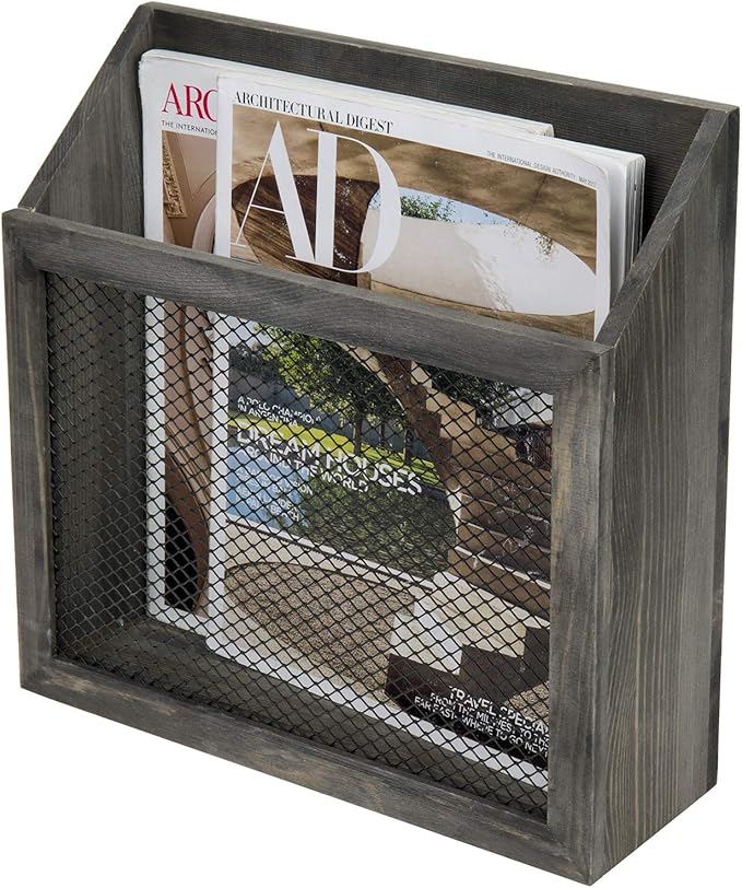 MyGift Rustic Magazine Holder Vintage Gray Wood and Chicken Wire Design Wall Mounted/Tabletop Mail Sorter, Farmhouse Home, Bathroom, Office Magazine Rack