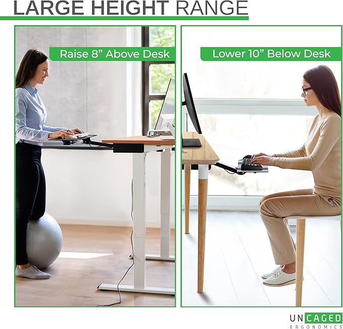 Uncaged Ergonomics KT2-b Under-Desk Adjustable Height & Angle Sit to Stand Up Keyboard Tray with negative tilt Best standing desk computer keyboard holder drawer