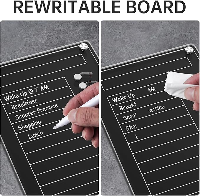 NiHome Black Acrylic Magnetic to Do List Planning Board with Sliders & Desktop Stand,Chore Chart for Kids & Adults,Checklist Routine Chart Task Board for Fridge & Desk,For Magnetic Metal Surfaces Only