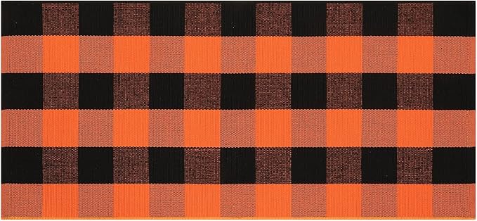 KIMODE Fall Outdoor Rug Buffalo Plaid Orange and Black 24"x51",Washable Cotton Fall Halloween Door Mat,Reversible Checkered Layering Rugs for Entryway,Halloween Front Porch Decor