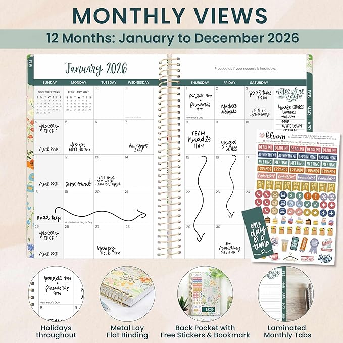 bloom daily planners 2026 Planner (January - December) Calendar Year Organizer - 5.5” x 8.25” - Weekly & Monthly Agenda Book with Stickers & Bookmark - Garden Party, Beige