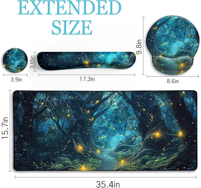 Ergonomic Mouse Pad Set Large Desk Matt for Desktop, Gaming Mouse Pad Wrist Rest Keyboard Mat Cup Coaster Set Cute Office Desk Decor Accessories for Women, Firefly Forest