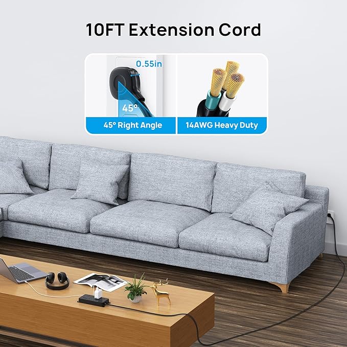 TROND Power Strip Surge Protector 10ft, ETL Listed, Flat Plug Extension Cord with 2 USB-A & 1 USB-C, Wall Mountable, 7 Widely-Spaced Outlets, 1700J, for Home Office Garage, Black
